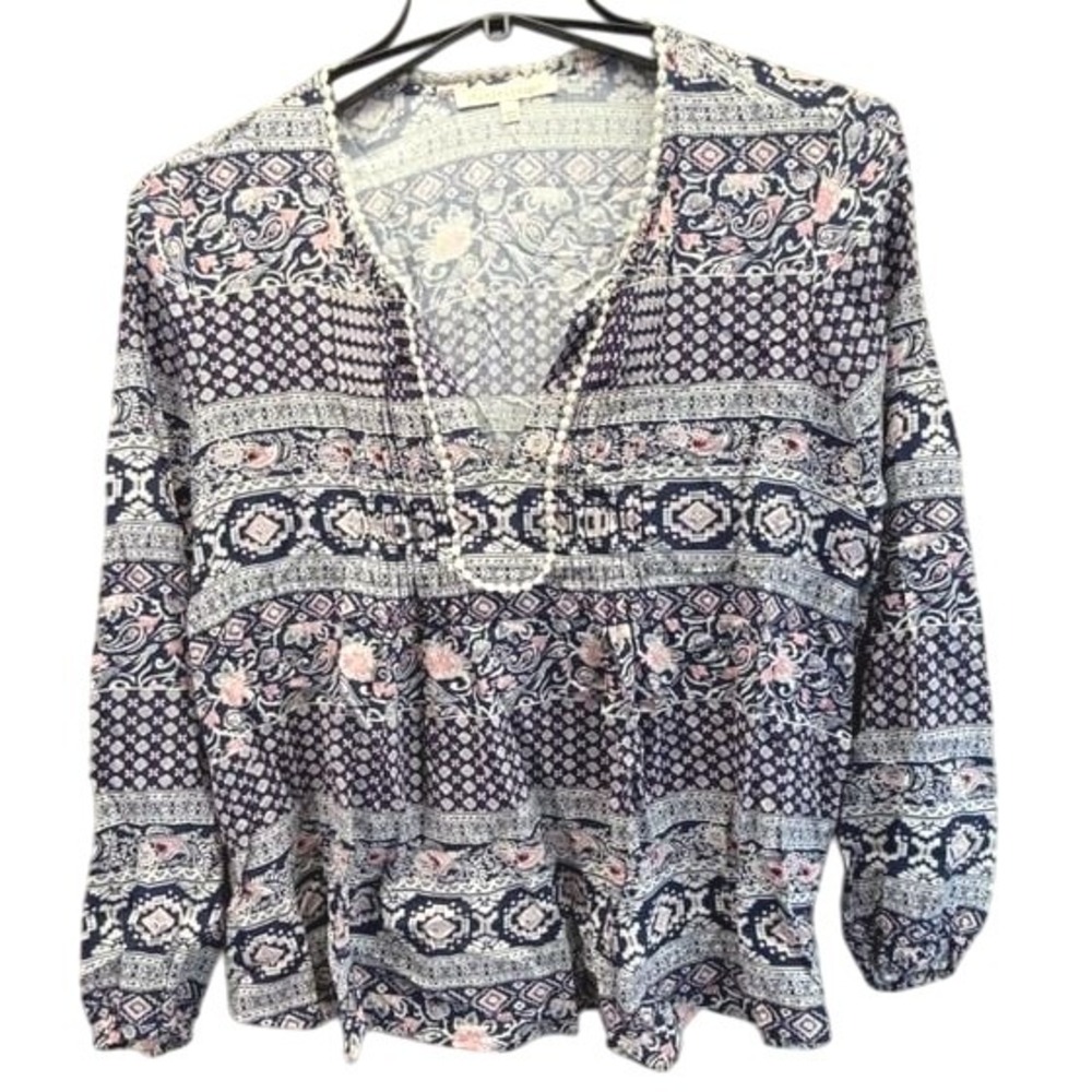 Daniel Rainn boho gypsy peasant long sleeve blue Pink Blouse sz large v‎ neck